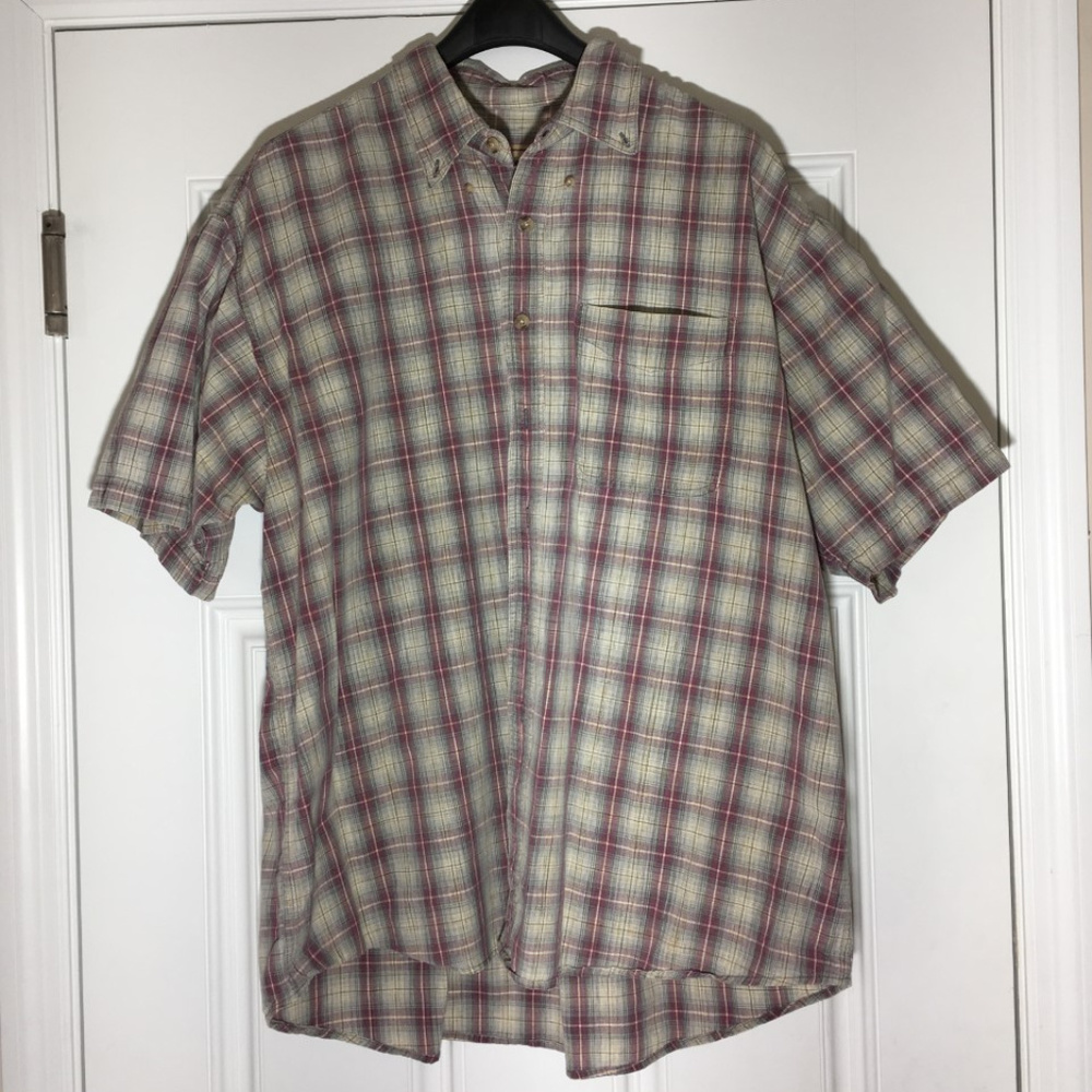 XL Woolrich Tan/Purple Plaid short-sleeve shirt